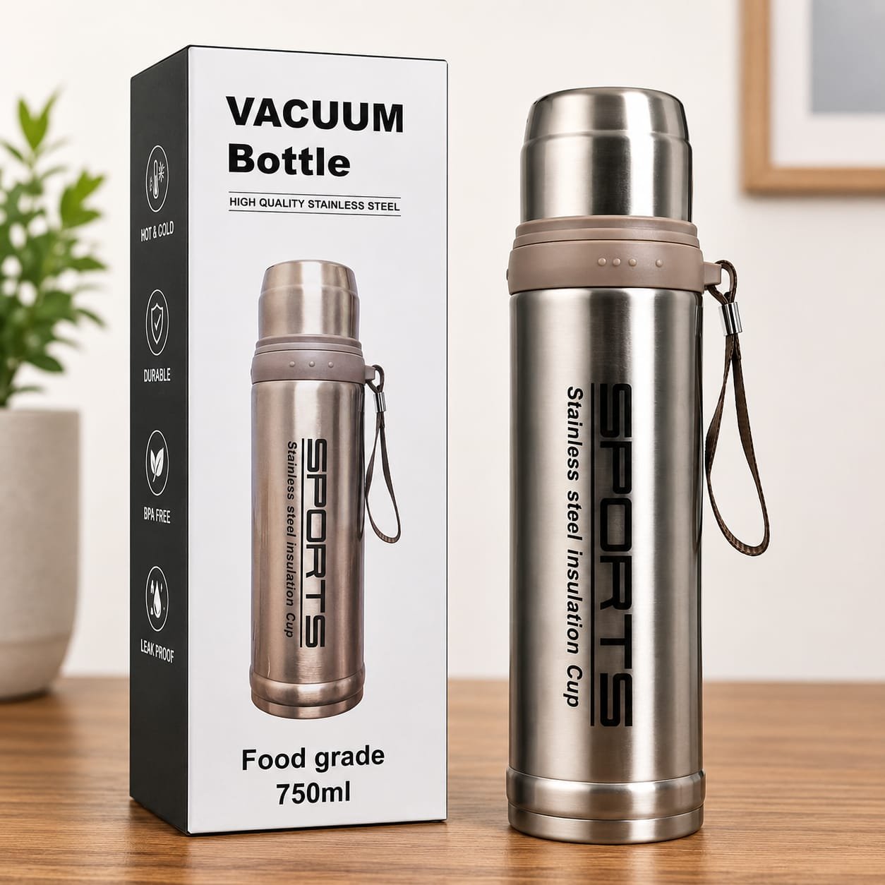 750ml Sports Vacuum Flask Bottle - Stainless Steel Insulated Water Bottle with Cup & Strap - Hot & Cold 12 Hours